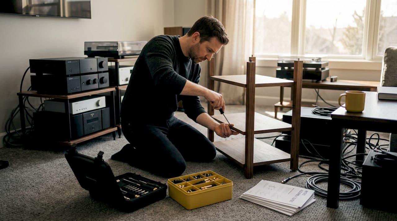 Step-by-step audio rack assembly for pristine sound
